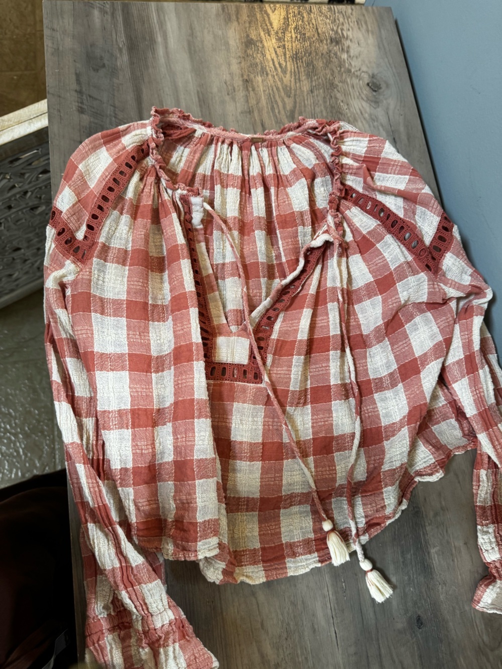 Free People Rust and Cream Plaid Peasant Tunic - Picture 3 of 7